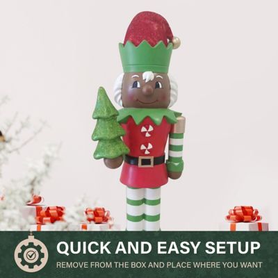 Image showing  48 in. African American Elf Nutcracker Figurine Holding Tree in Red/Green