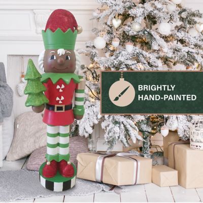 Image showing  48 in. African American Elf Nutcracker Figurine Holding Tree in Red/Green