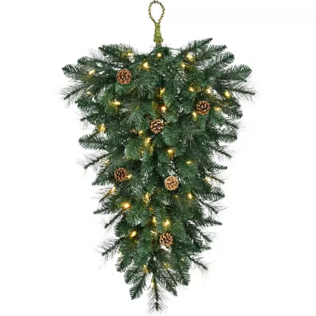 Fraser Hill Farm 36" Artificial Pine Teardrop Door Hanging with Pine Cones and Warm White LED Lights Artificial Christmas Plants