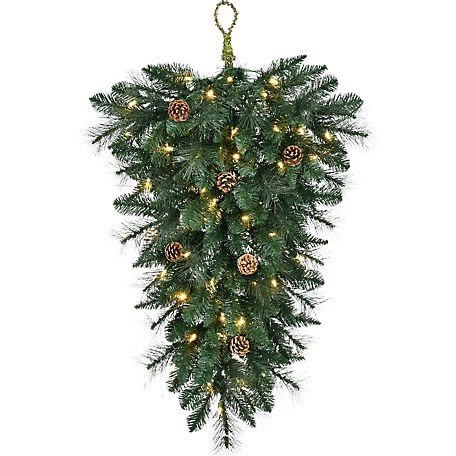 Fraser Hill Farm 36 in. Artificial Pine Teardrop Door Hanging with Pinecones and Warm White LED Lights