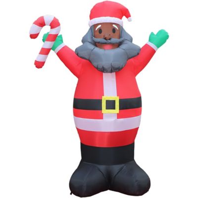 Fraser Hill Farm 10 ft. Tall Prelit African American Santa Holding Candy Cane Inflatable