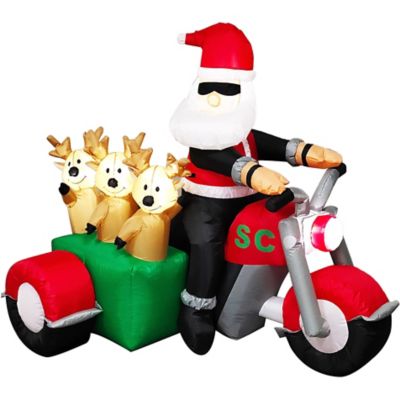 Fraser Hill Farm 6 ft. Tall Prelit Santa on Motorcycle with Reindeer Sidecar Inflatable