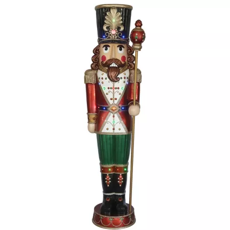 Fraser Hill Farm 76" Resin Nutcracker Holding Stick Figurine with Built-in Multi-Color LED Lights Christmas Statues