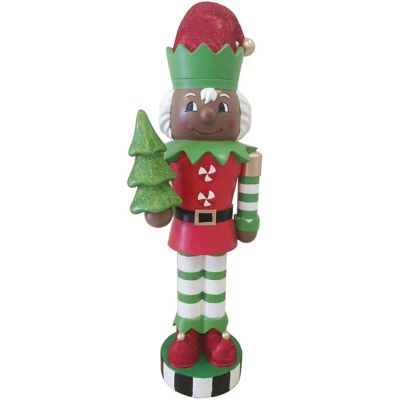 Fraser Hill Farm 36 in. African American Elf Nutcracker Figurine Holding Tree in Red/Green