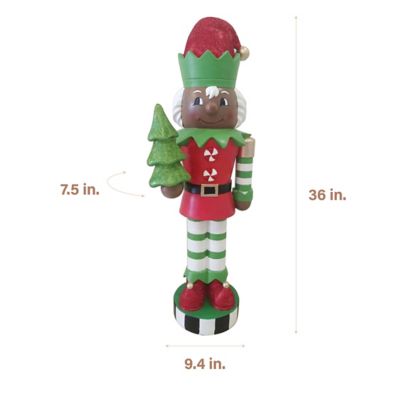 Image showing  36 in. African American Elf Nutcracker Figurine Holding Tree in Red/Green