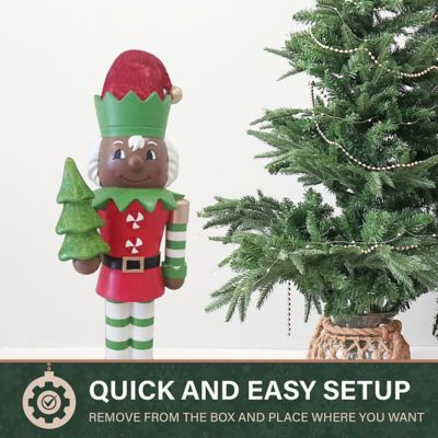 Image showing  36 in. African American Elf Nutcracker Figurine Holding Tree in Red/Green