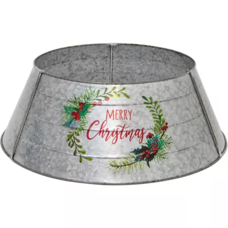 Fraser Hill Farm Metal Christmas Tree Collar with Merry Christmas Wishes and Galvanized Finish Christmas Tree Skirts