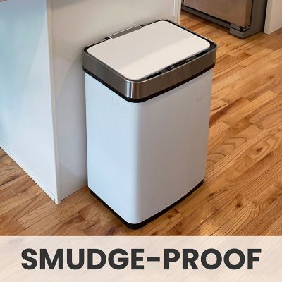 Image showing  13.2-Gallon (50-Liter) Hands-Free Metal Trash Can with Motion Sensor Lid in Fingerprint-Resistant White