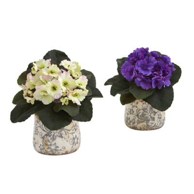 Nearly Natural 8 in. African Violet Artificial Plant Set in Floral Design Vase, 2 pc.