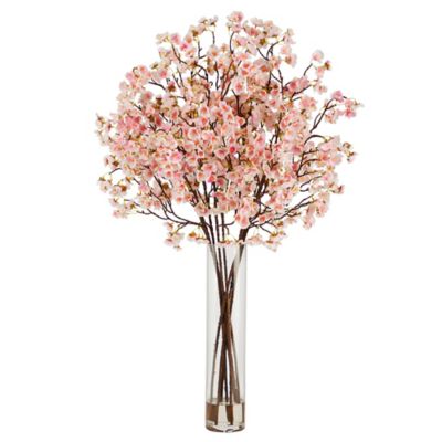 Nearly Natural 32 in. Artificial Cherry Blossom Arrangement with Glass Cylinder Vase
