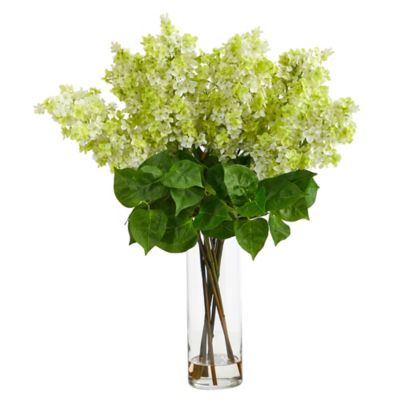Nearly Natural 24 in. Artificial Lilac Arrangement with Cylinder Glass Vase, Green