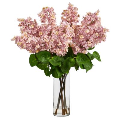 Nearly Natural 24 in. Artificial Lilac Arrangement with Cylinder Glass Vase, Pink
