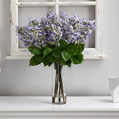 Image showing  24 in. Artificial Lilac Arrangement with Cylinder Glass Vase, Purple