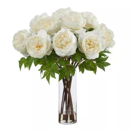 Nearly Natural 22 in Artificial Peony Arrangement with Cylinder Glass Vase Artificial Plants & Flowers