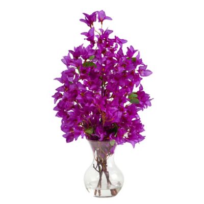 Nearly Natural 22 in. Artificial Bougainvillea Arrangement with Fluted Glass Vase, Purple