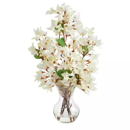 Nearly Natural 22" Artificial Bougainvillea Arrangement with Fluted Glass Vase White Artificial Plants & Flowers