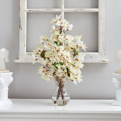 Image showing  22 in. Artificial Bougainvillea Arrangement with Fluted Glass Vase, White