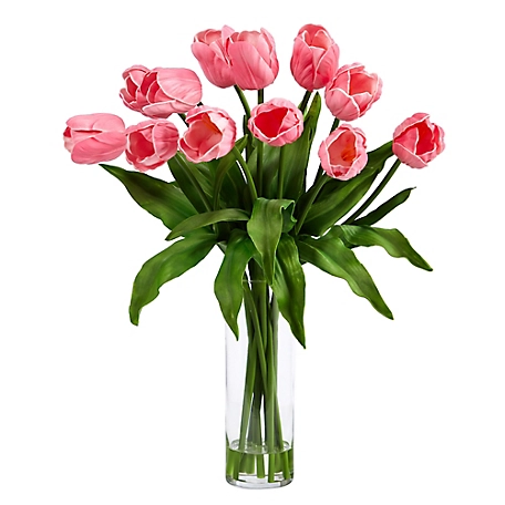 Nearly Natural 23 in. Artificial Tulip Arrangement with Cylinder Glass Vase, Pink