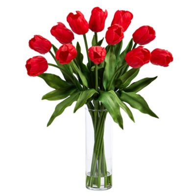Nearly Natural 23 in. Artificial Tulip Arrangement with Cylinder Glass Vase, Red