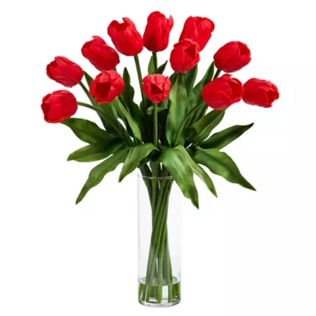 Nearly Natural 23" Artificial Tulip Arrangement with Glass Cylinder Vase Red Artificial Plants & Flowers