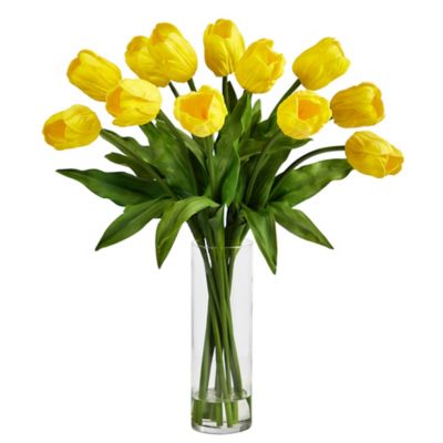 Nearly Natural 23 in. Artificial Tulip Arrangement with Cylinder Glass Vase, Yellow