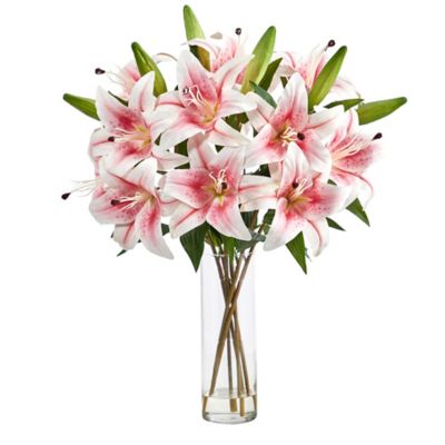 Nearly Natural 25 in. Artificial Lily Arrangement with Cylinder Glass Vase, Pink