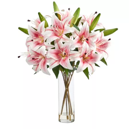 Nearly Natural 25" Artificial Lily Arrangement with Glass Cylinder Vase Pink Artificial Plants & Flowers