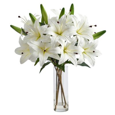 Nearly Natural 25 in. Artificial Lily Arrangement with Cylinder Glass Vase, White