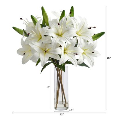 Image showing 1 th Nearly Natural 25 in. Artificial Lily Arrangement with Cylinder Glass Vase, White