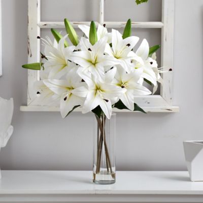 Image showing 2 th Nearly Natural 25 in. Artificial Lily Arrangement with Cylinder Glass Vase, White
