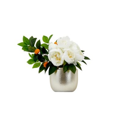 Nearly Natural 16 in. Artificial Peony Dahlia Arrangement in White Vase