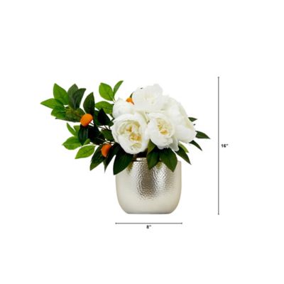 Image showing  16 in. Artificial Peony Dahlia Arrangement in White Vase