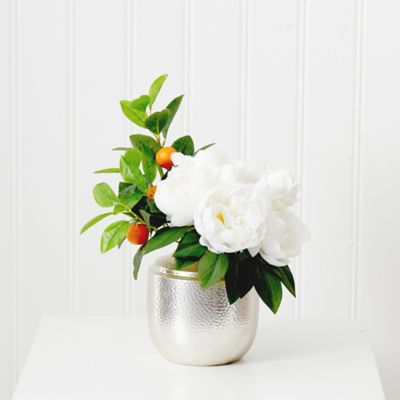 Image showing  16 in. Artificial Peony Dahlia Arrangement in White Vase