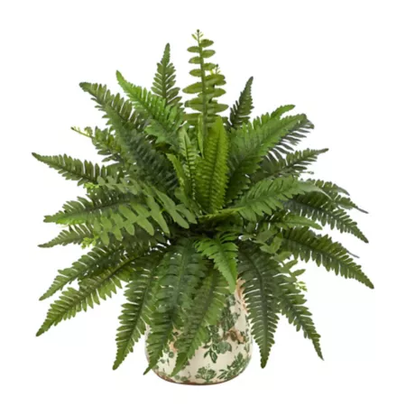 Nearly Natural 15" Artificial Boston Fern Plant in Tuscan Ceramic Green Scroll Pot Artificial Plants & Flowers