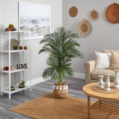 Image showing  5 ft. Artificial Double Stalk Golden Cane Palm Tree with Handmade Woven Cotton Basket
