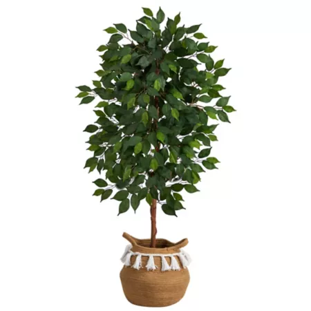 4 Foot Almost Natural Artificial Ficus with Handmade Jute and Cotton Basket with Pom Poms Artificial Plants & Flowers