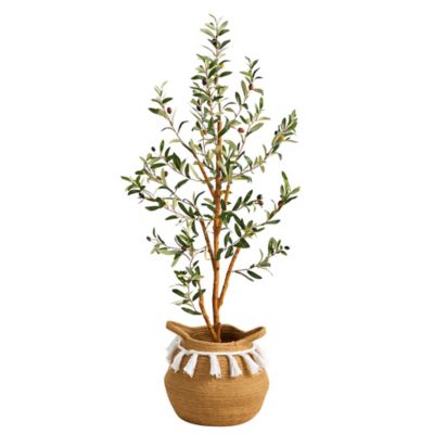 Nearly Natural 3.5 ft. Artificial Olive Tree with Handmade Jute and Cotton Basket with Tassels