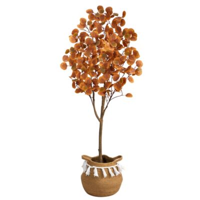 Nearly Natural 5 ft. Artificial Autumn Eucalyptus Tree with Handmade Jute & Cotton Basket with Tassels