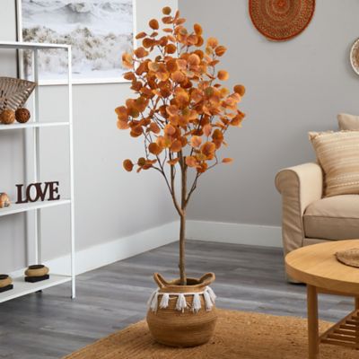 Image showing  5 ft. Artificial Autumn Eucalyptus Tree with Handmade Jute & Cotton Basket with Tassels