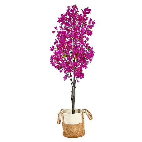 Nearly Natural 6 ft. Artificial Bougainvillea Tree with Handmade Jute & Cotton Basket, Purple