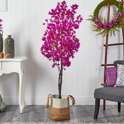 Image showing  6 ft. Artificial Bougainvillea Tree with Handmade Jute & Cotton Basket, Purple