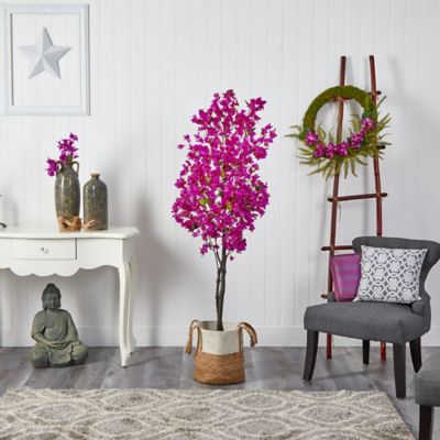 Image showing  6 ft. Artificial Bougainvillea Tree with Handmade Jute & Cotton Basket, Purple