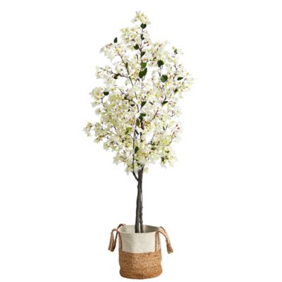 Nearly Natural 6 ft. Artificial Bougainvillea Tree with Handmade Jute & Cotton Basket, White
