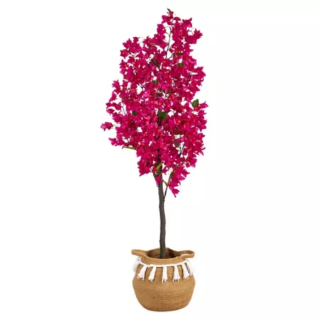 Nearly Natural 5ft Artificial Bougainvillea with Handmade Jute and Cotton Basket with Tassels Pink Artificial Plants & Flowers