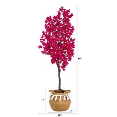 Image showing  5 ft. Artificial Bougainvillea Tree with Handmade Jute & Cotton Basket with Tassels, Pink