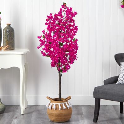 Image showing  5 ft. Artificial Bougainvillea Tree with Handmade Jute & Cotton Basket with Tassels, Pink
