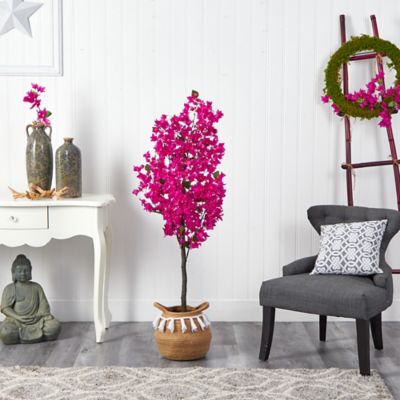 Image showing  5 ft. Artificial Bougainvillea Tree with Handmade Jute & Cotton Basket with Tassels, Pink