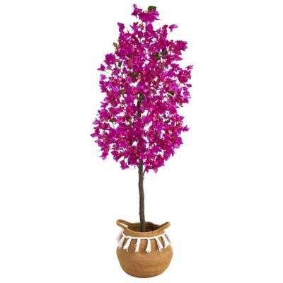 Nearly Natural 5 ft. Artificial Bougainvillea Tree with Handmade Jute & Cotton Basket with Tassels, Purple