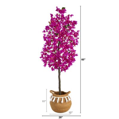 Image showing  5 ft. Artificial Bougainvillea Tree with Handmade Jute & Cotton Basket with Tassels, Purple