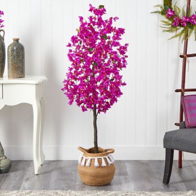 Image showing  5 ft. Artificial Bougainvillea Tree with Handmade Jute & Cotton Basket with Tassels, Purple